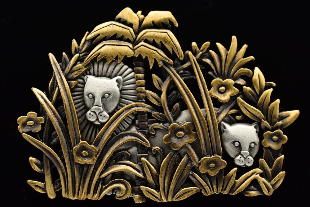 JJ Vintage Jungle Lion Pin Brooch Chunky Pewter Brass Chunky Rare Signed 80s 9B